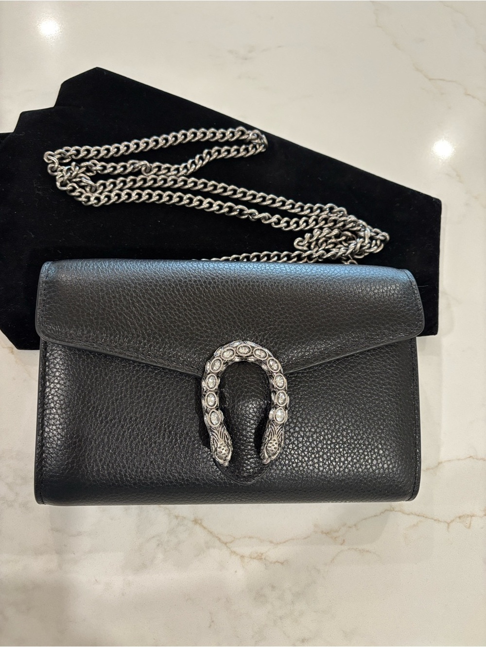 Black Leather Chain Shoulder Bag with Silver Horsebit Accent